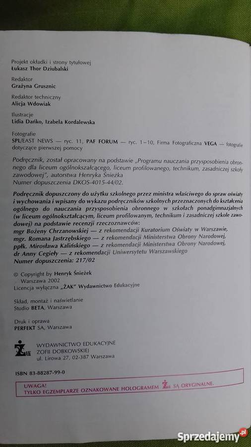 Przysposobienie obronne podręcznik część 1 tradycyjny podręcznik Małkinia Górna sprzedam