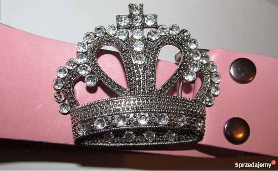 Pasek różowy skórzany z koroną cyrkonia diamenty Paski Zamość