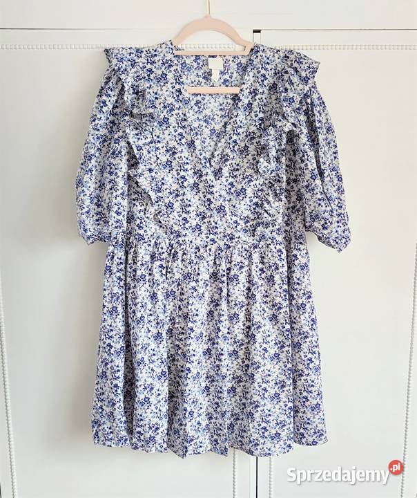 Kwiatowa sukienka HM M 38 bufki retro niebieskie Rozkloszowana