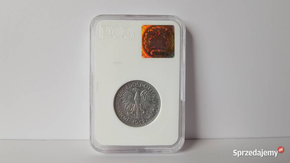 5 złotych Rybak 1958 wąska 8 AU55 holder PCG PRL Numizmatyka śląskie Dąbrowa Górnicza sprzedam