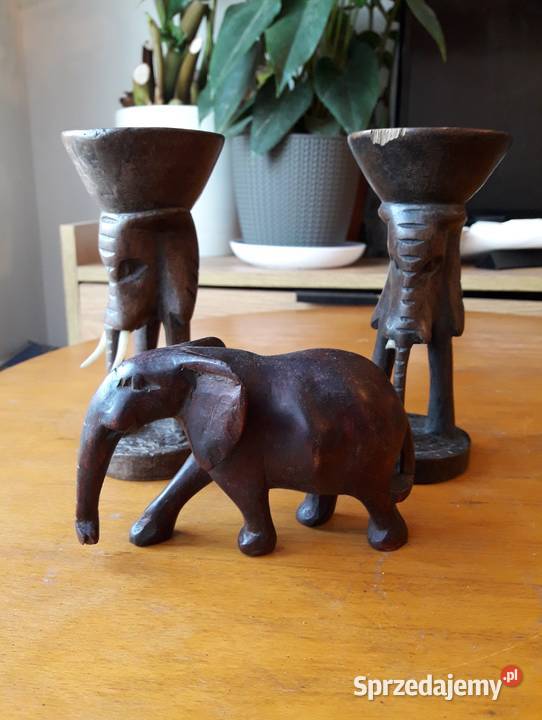 Świeczniki drewniane i słoń zestaw pamiątek z Antyki Gdynia sprzedam