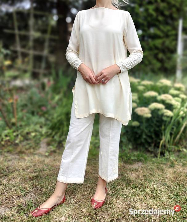 Kremowa bluzka tunika L 40 wiskoza jedwab