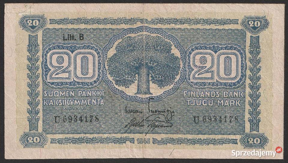 Finlandia	20 markkaa 1945 Numizmatyka Łódź sprzedam