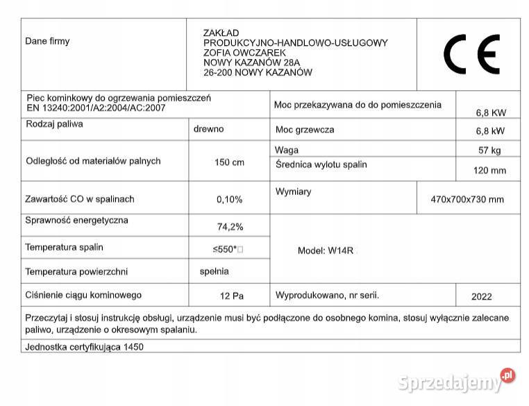 Piec ZEFIR 68KW Koza Wolnostojący Stalowy Polski Kominki Szczucin sprzedam