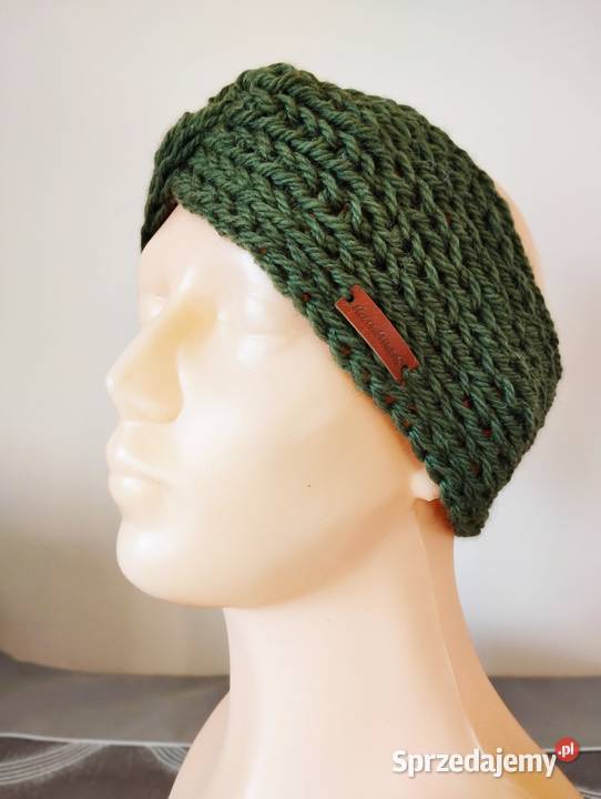Oliwkowa opaska na głowę turban 100 wełna Olsztyn