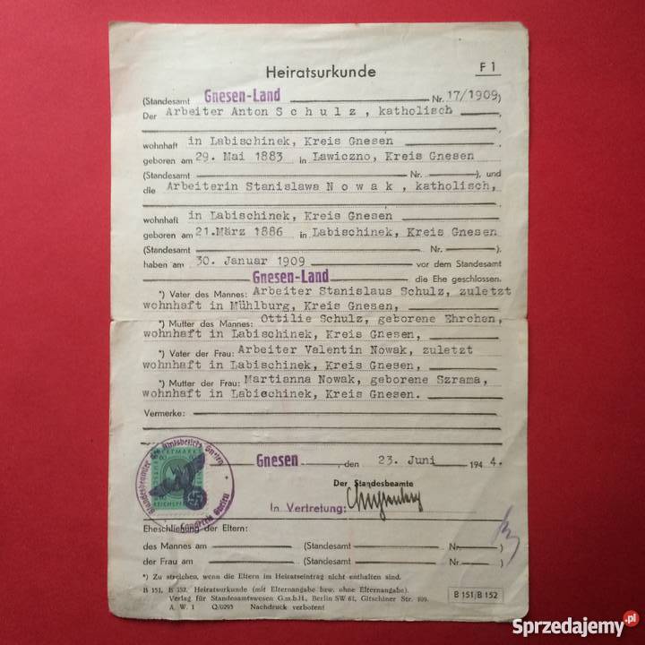 Heiratsurkunde Szczecin