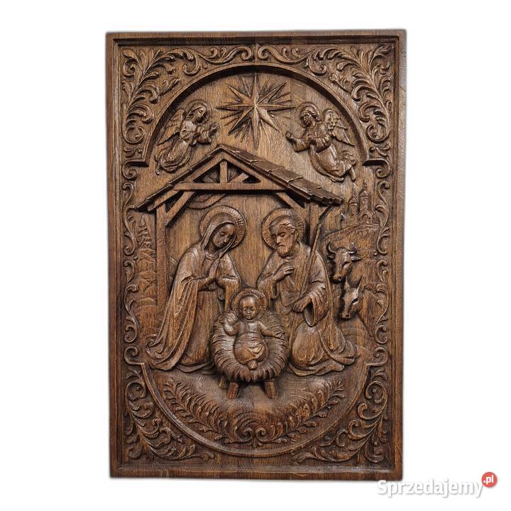 Płaskorzeźba w dębie Stajenka Święta rodzina Malechowo