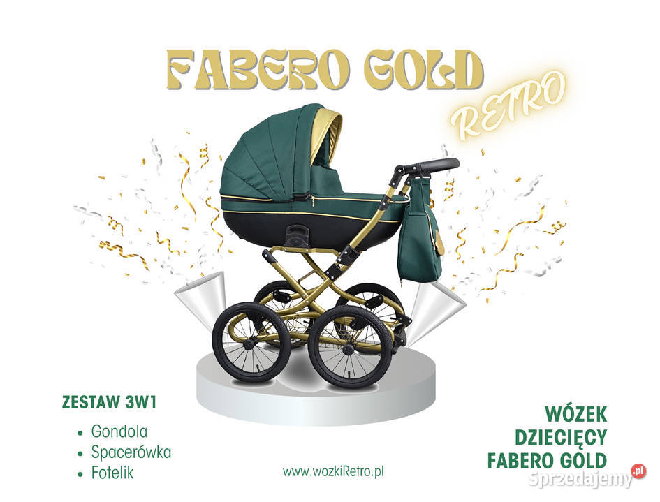 NOWY Złoty Klasyczny Wózek Dziecięcy Fabero Gold Folia przeciwdeszczowa  Katowice