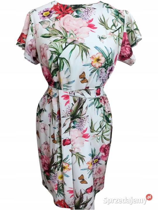 Sukienka damska elegancka kwiaty falbana wiązana Wieluń