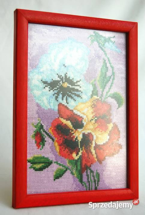 Bratki kwiaty obraz haftowany haft rękodzieło Lublin
