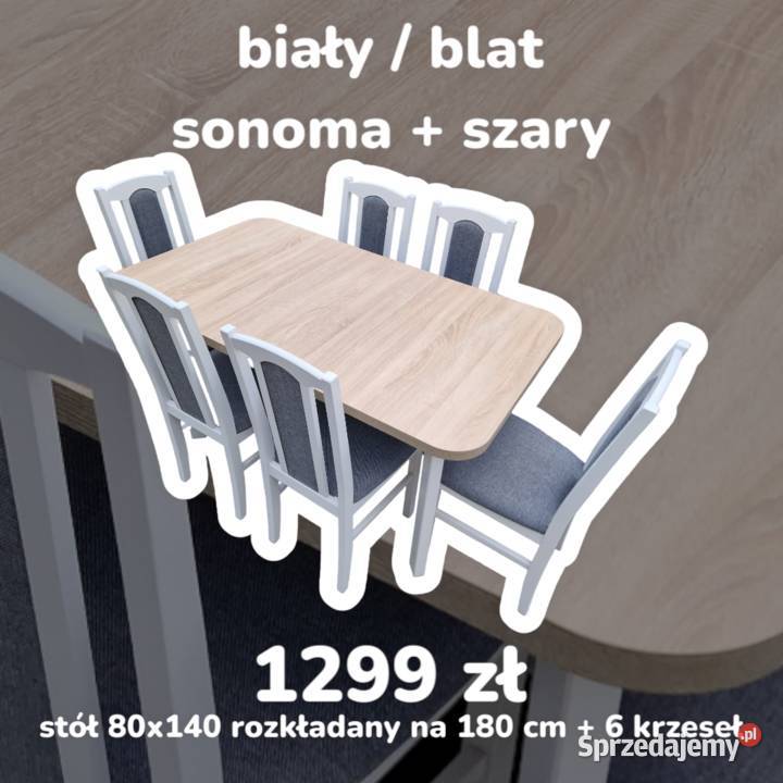 Nowe: Stół 80x140/180 + 6 krzeseł, biały/blat sonoma + szary