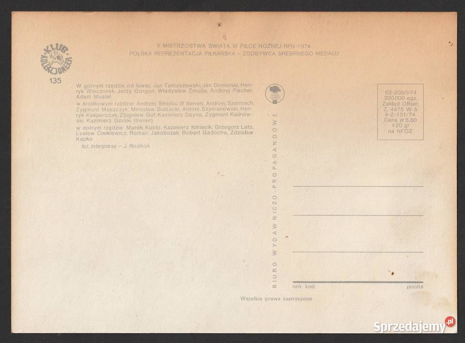 REPREZENTACJA POLSKI 1974 MŚ NIEMCY BEZ OBIEGU Łódź