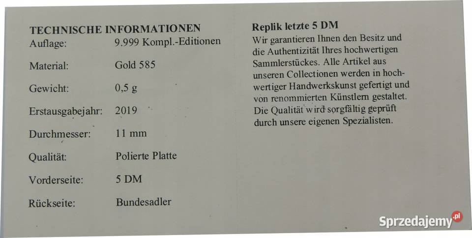 Niemcy replika 5 marki 2019 J złoto st LK102 Warszawa
