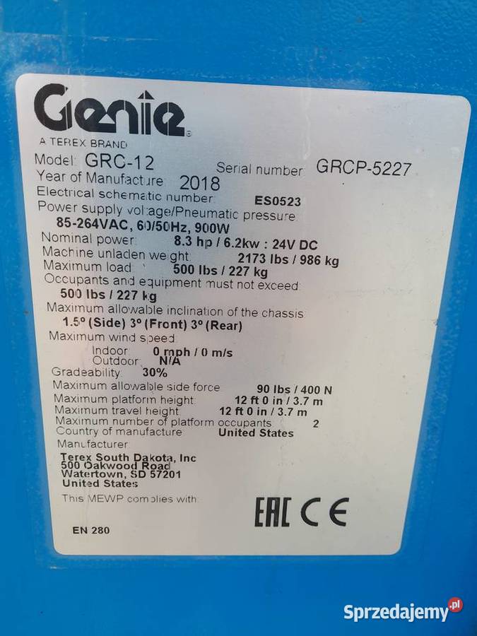 Podnośnik zwyżka GENIE GRC12 2018 wysokość Rok produkcji 2018 Dąbrowa Tarnowska