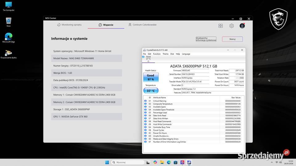 Komputer gamingowy i510400 16GB SSD m2 512GB Kraków