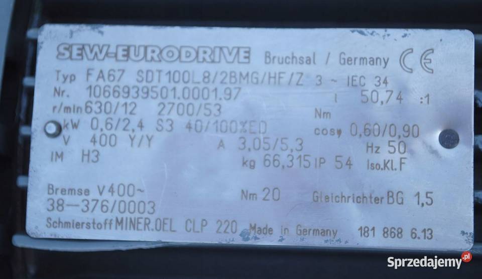 Motoreduktor dwubiegowy 0624kw 1253obrmin lubuskie Kargowa