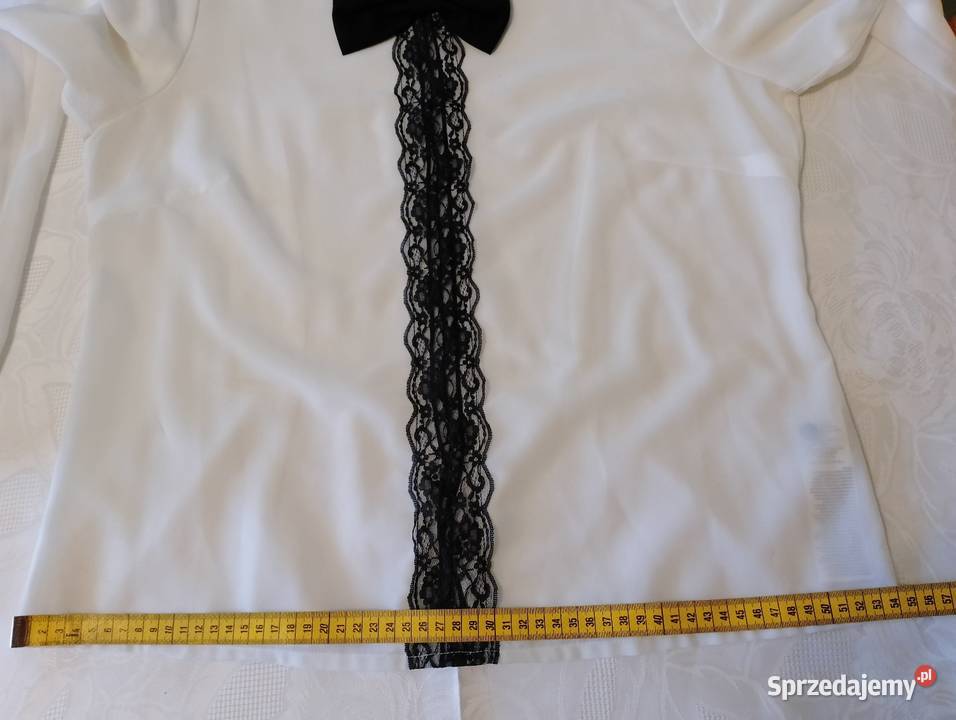 Biała BLUZKA z czarną koronką i kokardą długie biały Oborniki