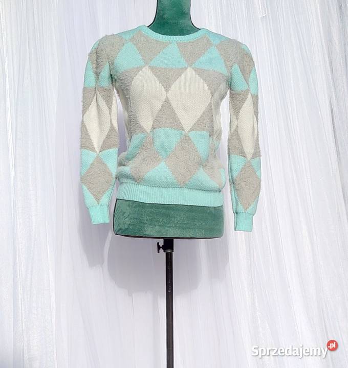 Miętowy sweter M 38 kratka romby szachownica zachodniopomorskie Szczecin