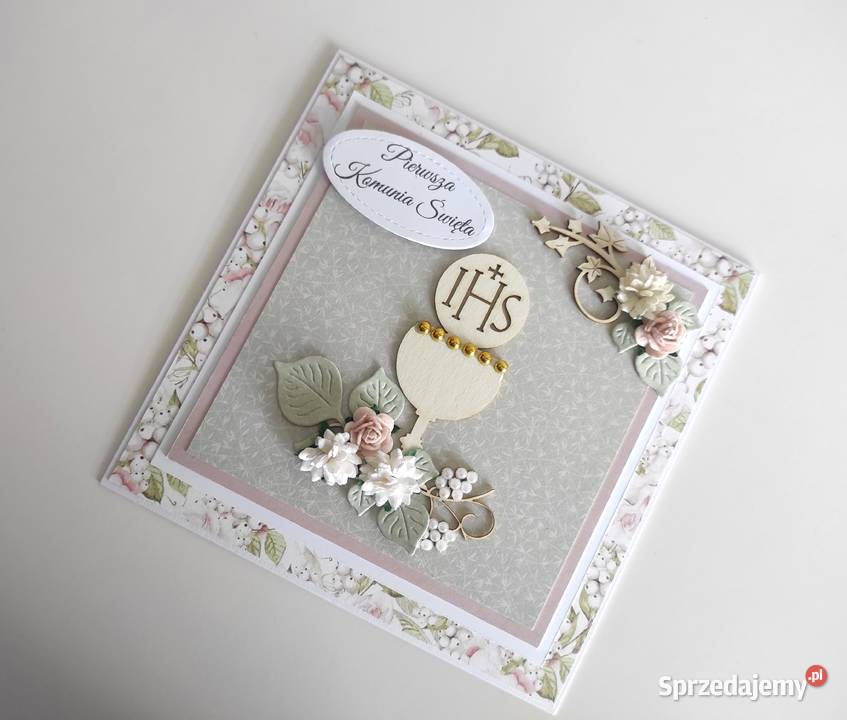 Kartka ręcznie robiona Komunia Święta pistacjowa Łódź