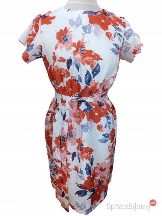 Sukienka damska elegancka kwiaty falbana wiązana kolorowy Wieluń