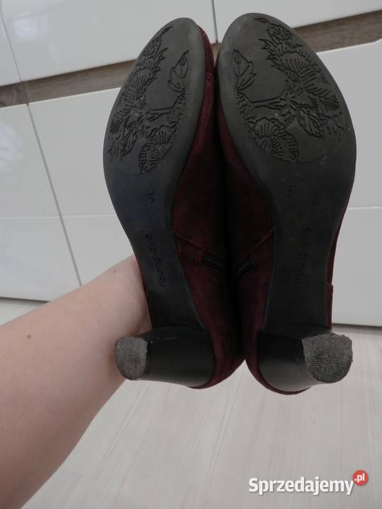 Buty Botki Skórzane Burgundowe na Obcasie Półbuty Łomża sprzedam
