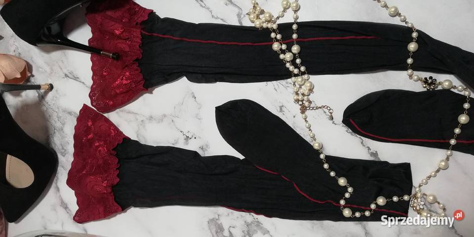 pończochy czarne wiśniowa manszeta Warszawa