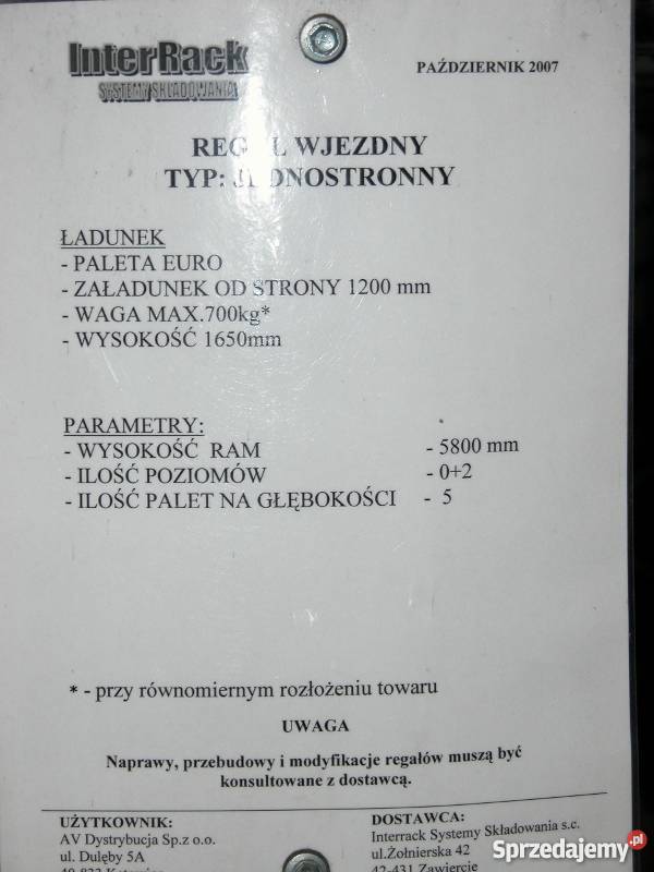 Regały paletowe wjezdne DriveIn 384 miejsca pale Katowice
