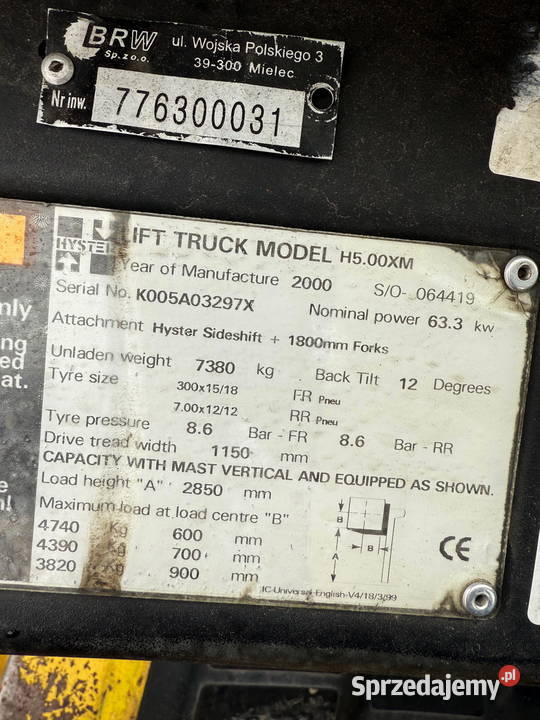 wózek widłowy HYSTER H500XM 5000 29m GM 43l Działoszyn