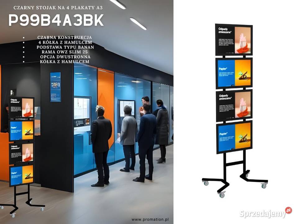 Czarny stojak na plakaty A3 x 4 wersja mobilna