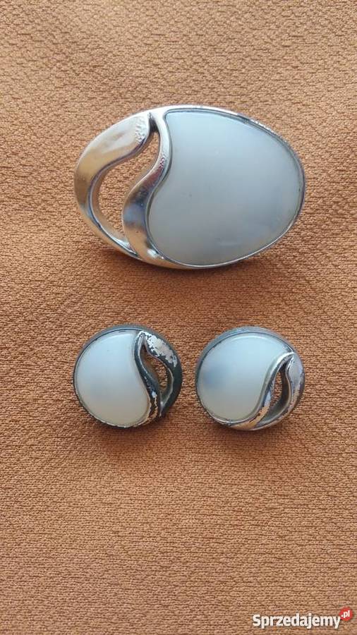 Komplet broszka i klipsy białe ze srebrnym Ozdoby Łódź sprzedam