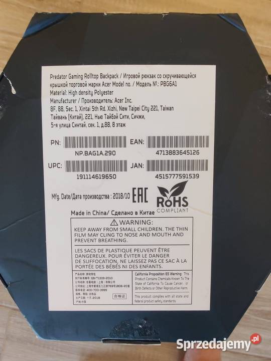 Nowy plecak Acer Predator Gaming Rolltop Niepołomice