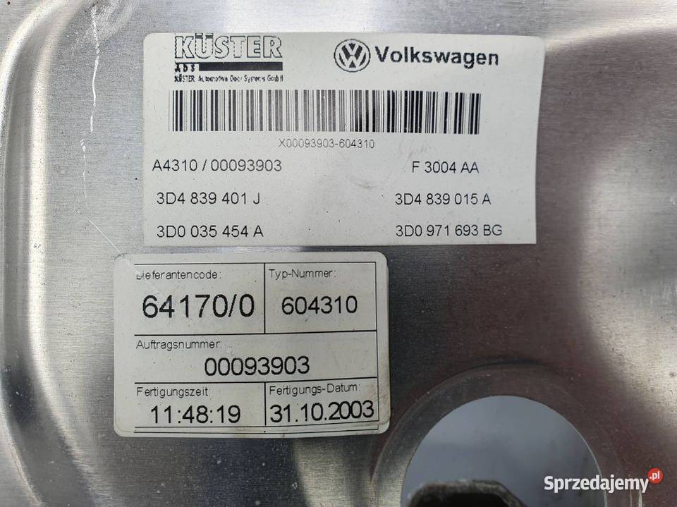 PODNOŚNIK SZYBY LT VOLKSWAGEN PHAETON 3D0959703E Pozostałe Lipno