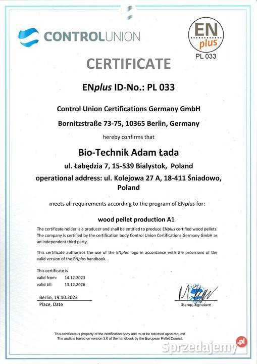 Pellet drzewny certyfikowany ENplus A1 Producent