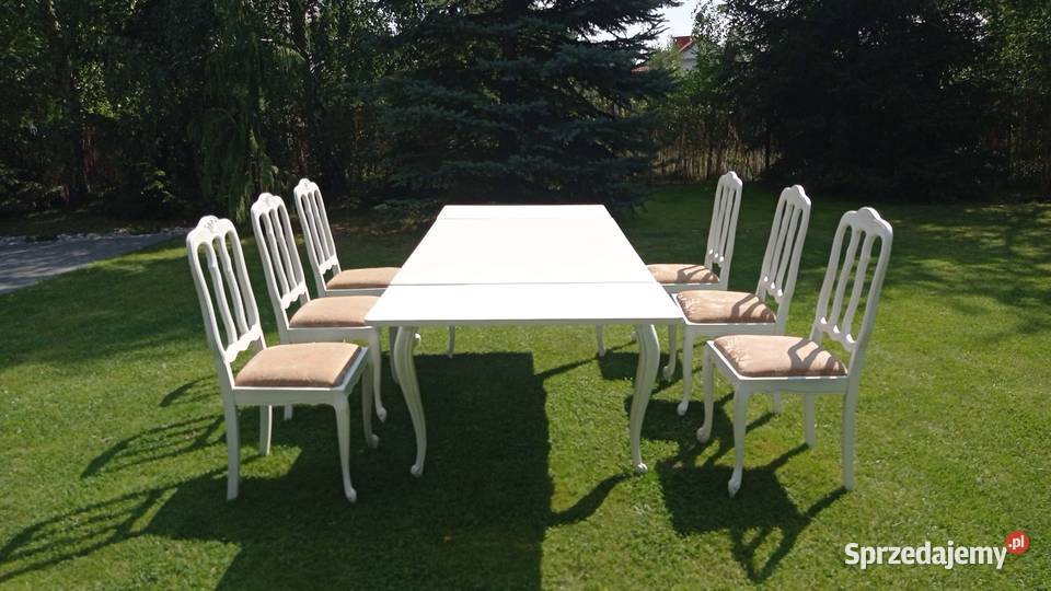 Piękny biały komplet Ludwikowski stół z sześcioma krzesłami