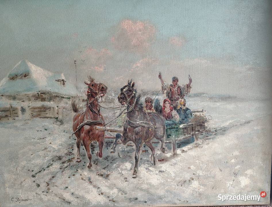 Stary obraz olejny Zimowa sanna Kartuzy