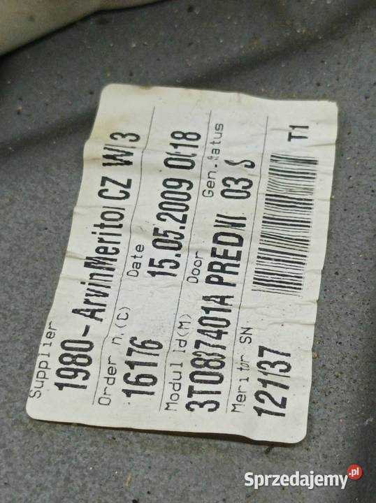 MECHANIZM SZYBY LEWY PRZÓD 3T 3T0837401A Skoda Rok produkcji 2009 Mechanizmy opuszczania szyb