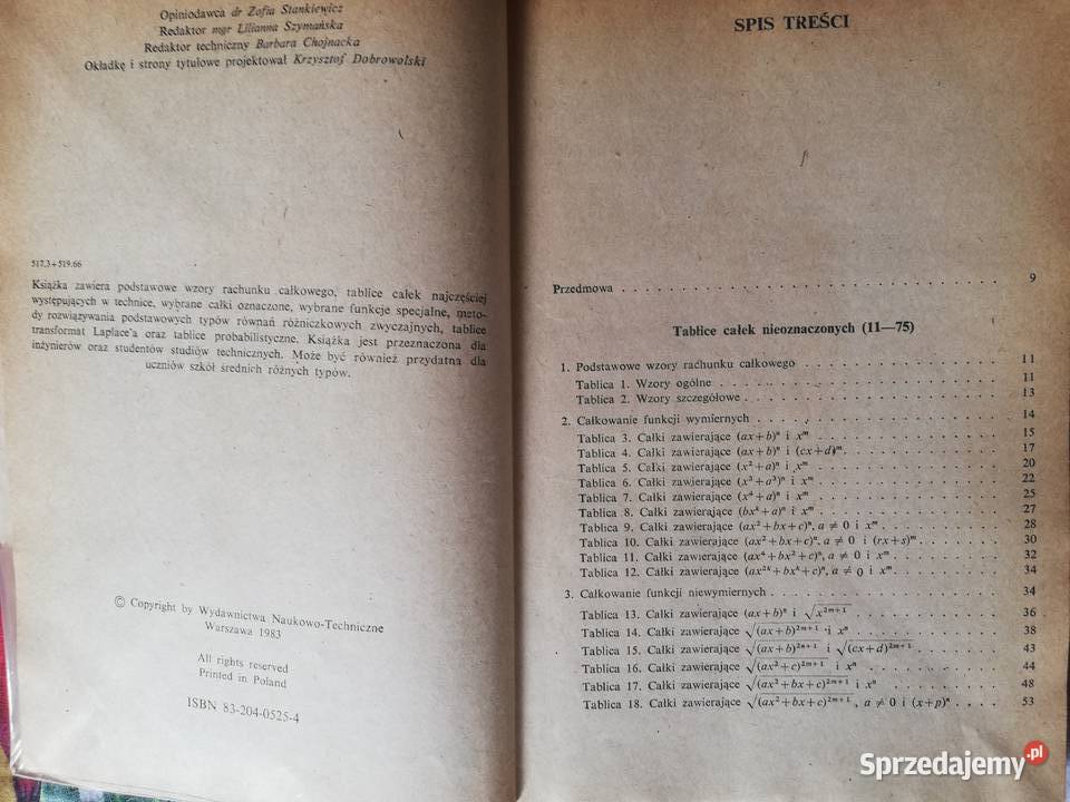 Tablice całek Całki nieoznaczone oznaczoneB Kraków sprzedam