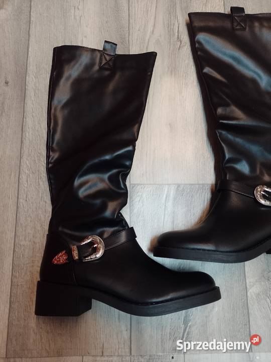 4243 Czarne Kozaki biznesowe ze zdobieniem NOWE Kraków sprzedam