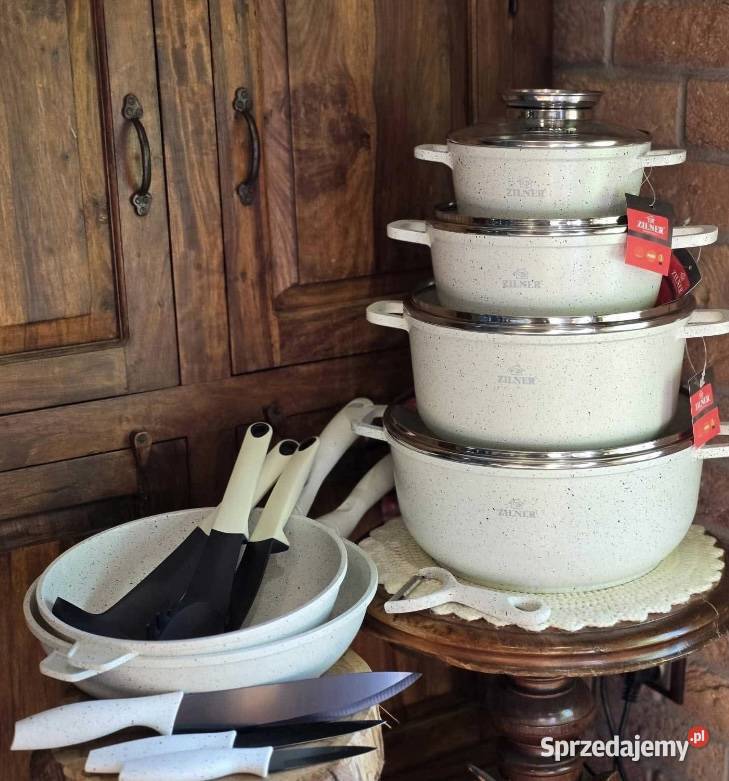 369 Garnki biały marmur 21 elementow Zilner Zabrze