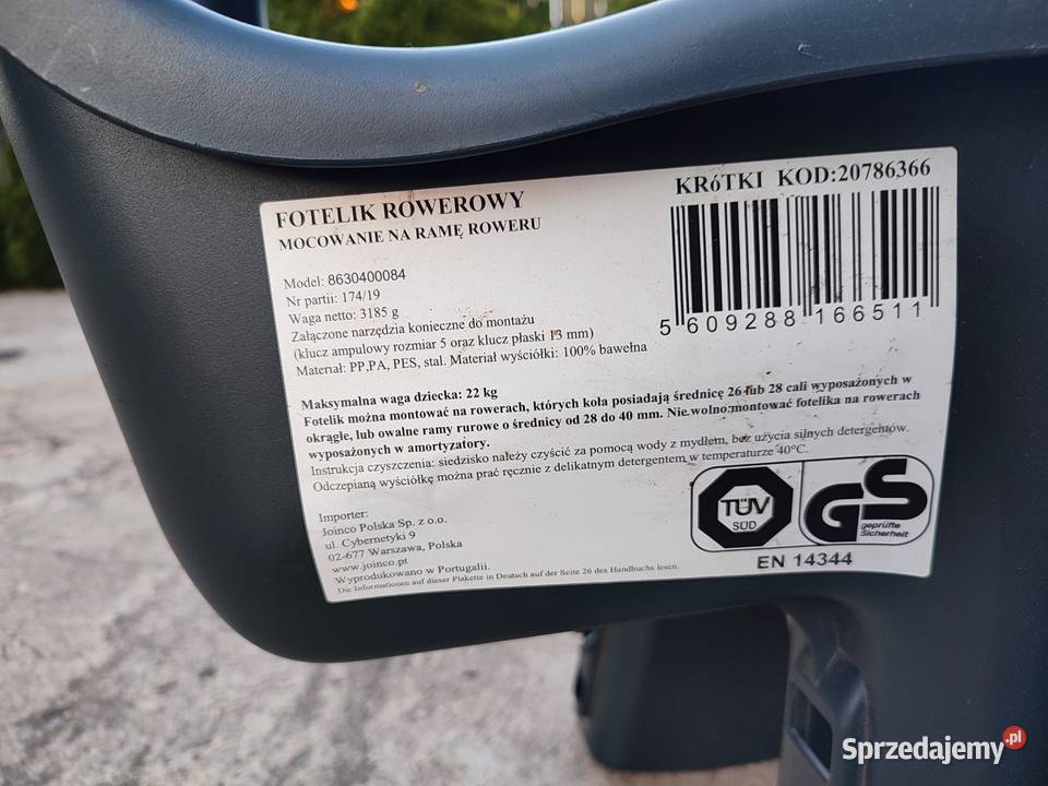 Fotelik rowerowy dziecka Praszka sprzedam