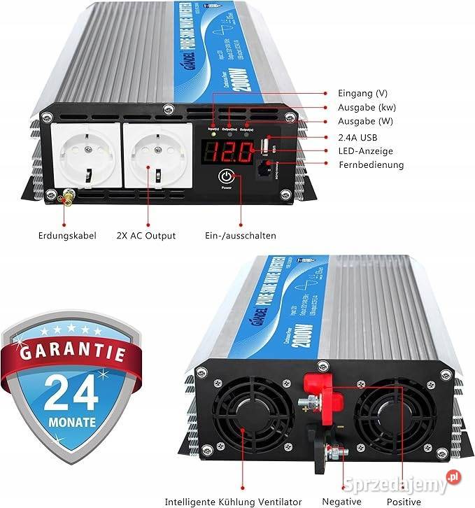 GIANDEL Inwerter 2000W 12V230V Czysty Sinus 2xEU Myszyniec