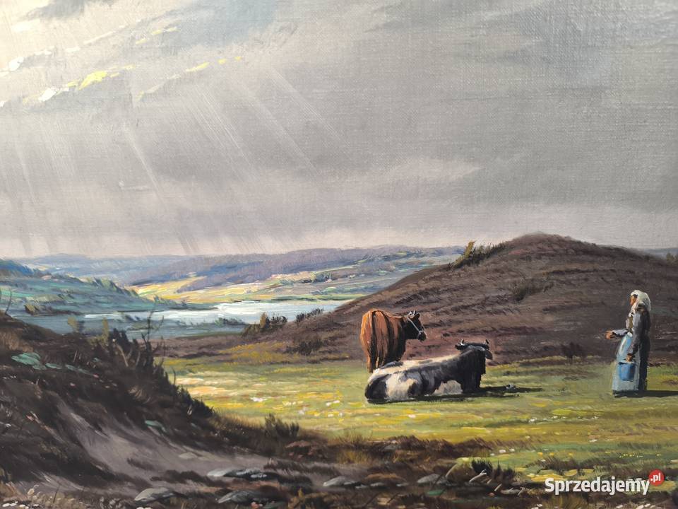 Piękny obraz olejny scena rodzajowa sygnowany Łódź