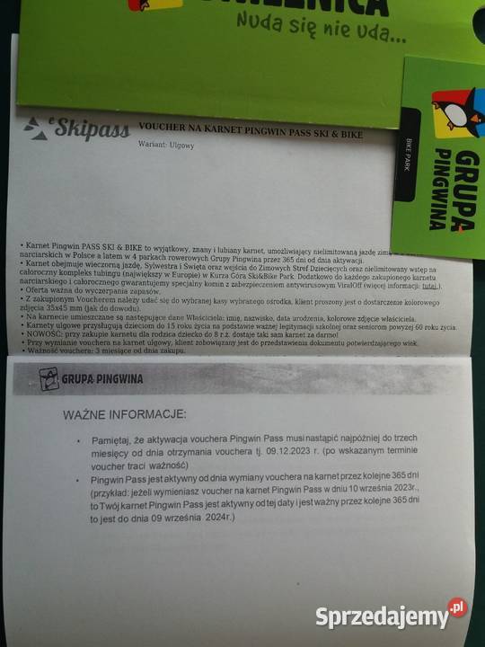Voucher na całoroczny karnet PINGWIN PASS SKI Bielsko-Biała sprzedam