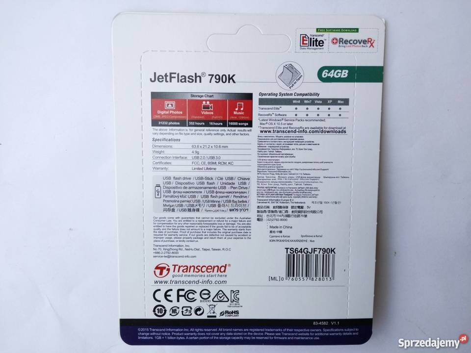 Pendrive Transcend JetFlash 64GB USB 3130 LED Pojemność 64GB+ Dęblin sprzedam
