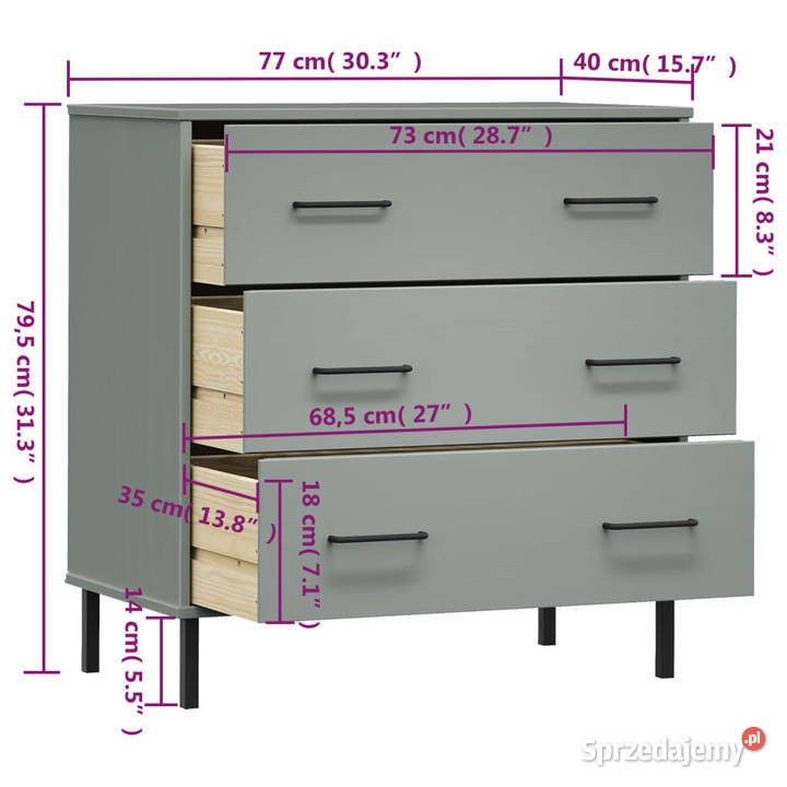 Komoda OSLO z 3 szufladami szara 77x40x795 lite Warszawa