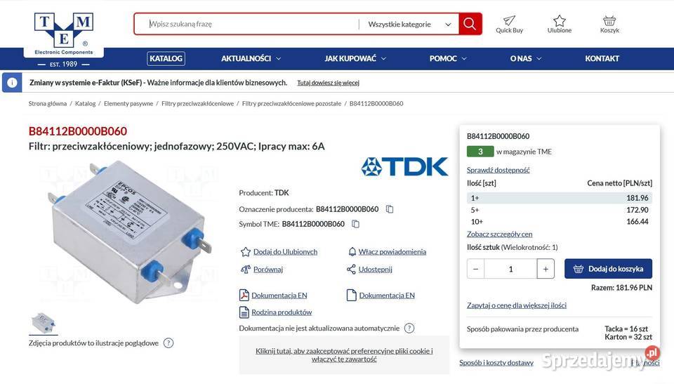 Filtr sieciowy Epcos TDK B84112BB60 250V 6A EMC Tarnów