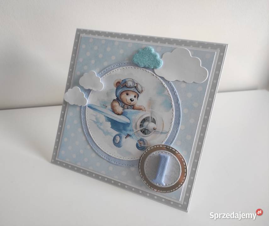 Kartka ręcznie robiona na urodziny Roczek miś w