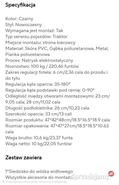 Siedzenie fotel wózek widłowy traktor Wyposażenie wnętrza