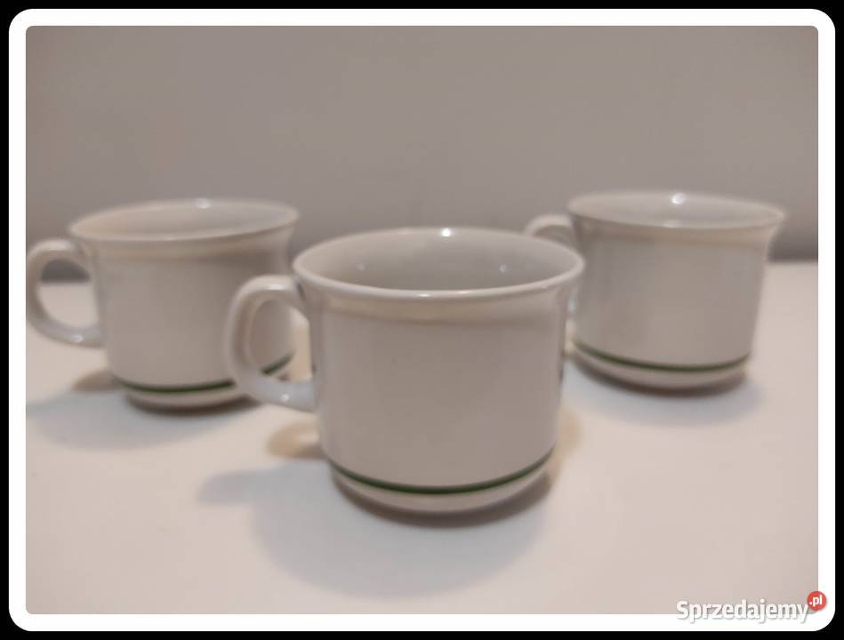TUŁOWICE 3 filiżanki białe z zielonym paskiem Płock