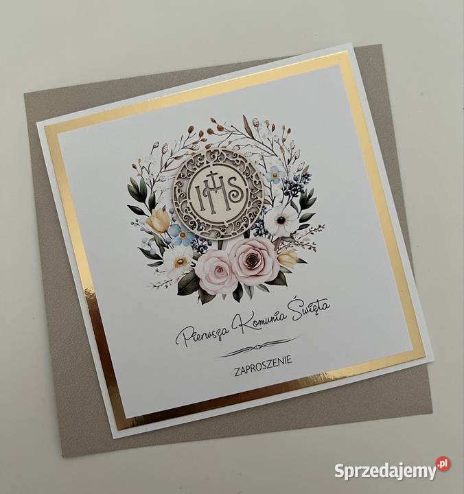 KOMUNIA zaproszenie ze złotą ramką Wadowice